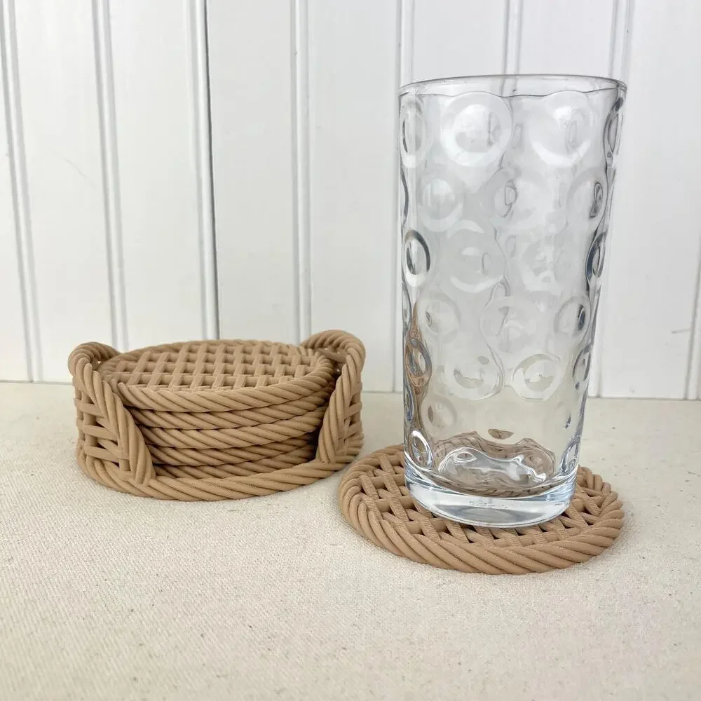 Woven Coaster Set, Modern Coasters with Holder, Drink Coasters, Set of 6